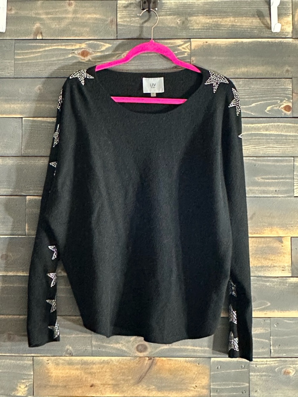 LIV Black Crewneck Sweater with Crystal Star Accents